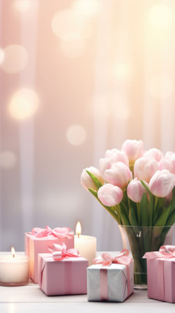 Beautiful tulips and gift boxes on table against blurred lights backgroundの素材
