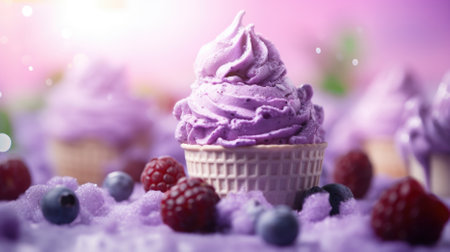 Delicious ice cream with fresh berries in waffle cone on purple backgroundの素材