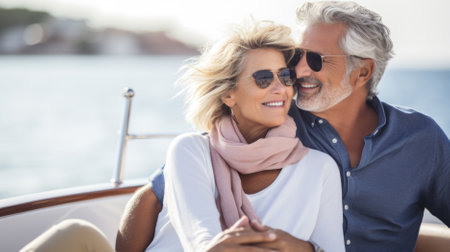 Portrait of happy mature couple sitting on yacht at sea on a sunny dayの素材