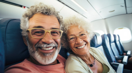 Portrait of happy senior couple traveling by airplane. They are looking at camera and smilingの素材