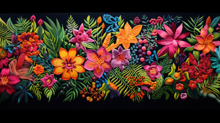 Colorful floral embroidery on black background. Hand drawn illustrationの素材