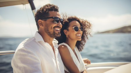 Smiling young mixed race couple enjoying sailboat ride on sunny summer day. AI Generated contentの素材