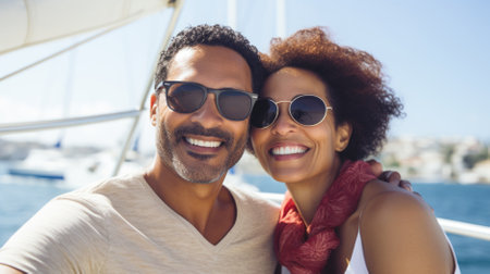 Portrait of happy couple standingof yacht and looking at cameraの素材