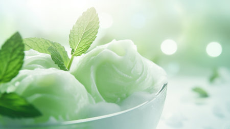 Green mint flavor ice cream with fresh leaves ingredients, dessert background. AI Generated contentの素材