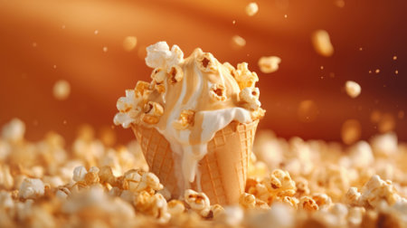 Brown popcorn ice cream with flying ingredients, dessert food background. AI Generated contentの素材