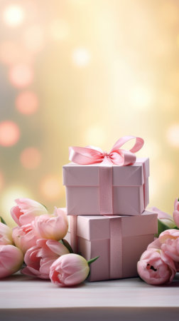 Gift boxes and tulips on bokeh background, close upの素材