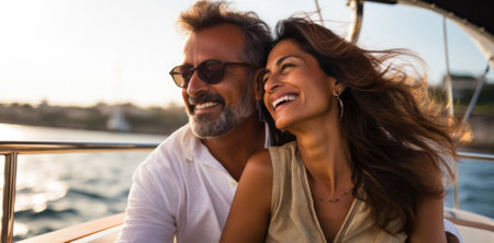 Cheerful couple on a yacht on a sunny day in summerの素材