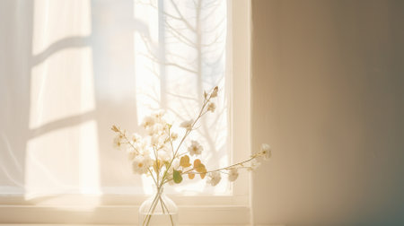 White gypsophila flowers in vase on window sill.の素材