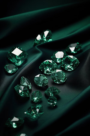 Green diamonds on a dark green silk background. Shallow depth of field.の素材
