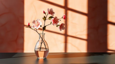 Cherry blossoms in vase on table in room with sunlightの素材