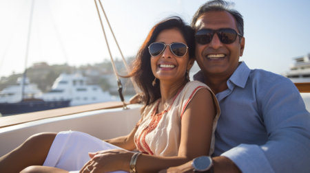 Portrait of happy couple sittingof yacht at seasideの素材