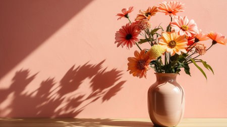 Vase with beautiful gerbera flowers on table near color wallの素材