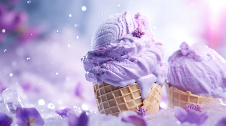 Strawberry ice cream in waffle cones with purple flowers.の素材