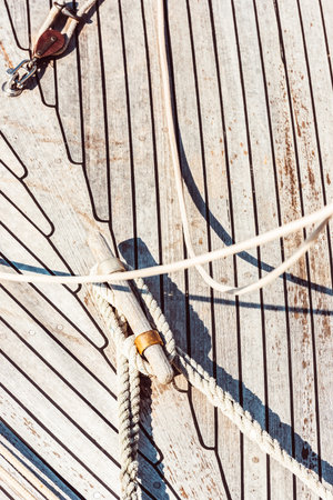 Sailboat deck texture with ropes and shadows, background,の写真素材