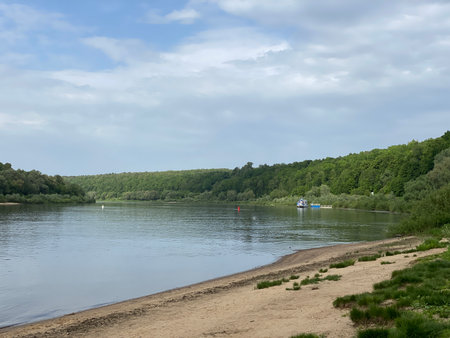 River landscape featuring calm water, sandy beach, and lush forested backdrop under cloudy skyの写真素材