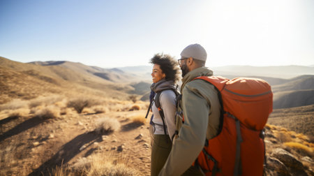 Mixed race couple hiking in desert landscape, wearing winter gear, smiling, AI generatedの素材
