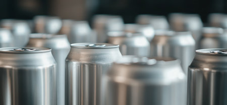 Close-up of multiple silver beer cans with blank surface as mockup, condensation, metallic texture, background, AI generatedの素材