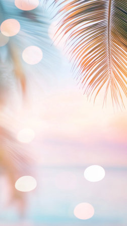 Palm tree leaves with bokeh lights, perfect for tropical holiday background, AI Generatedの素材