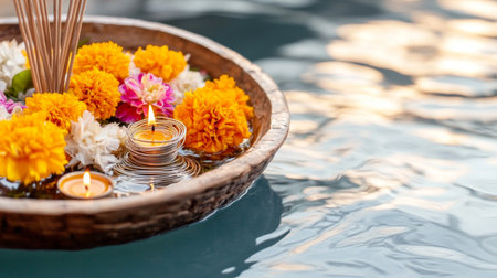 Loy Krathong festival with floating flowers and incident on water, background, AI generatedの素材