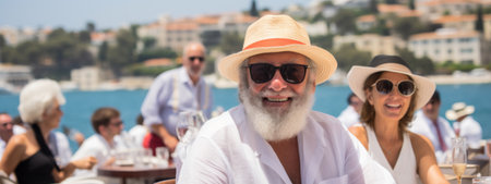Elderly couple enjoying a summer boat ride during vacation under sunny skies, AI generatedの素材