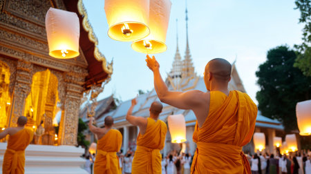 Monks walk in temple with floating lanterns during Yi Peng festival, evening ambiance, AI generatedの素材