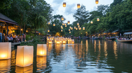 Floating lanterns on water during Asian festival night, serene atmosphere, AI generatedの素材