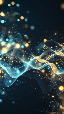 Abstract swirling light background with reflective bubbles and glowing streaks, AI generatedの素材