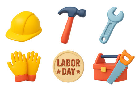 Labor day icon set featuring tools and gear, isolated on transparent background, AI generatedの素材