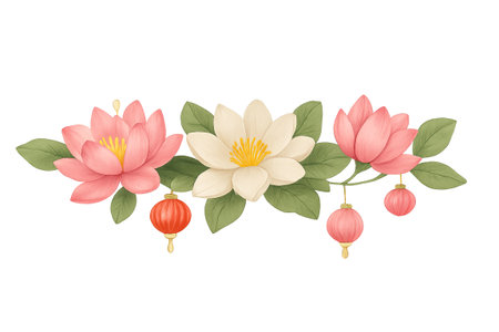 Mid autumn festival flowers and lanterns isolated on transparent background, AI generatedの素材