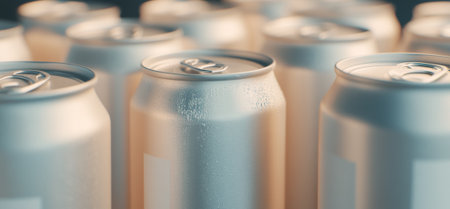 Close-up of multiple silver beer cans with blank surface as mockup, condensation, metallic texture, background, AI generatedの素材