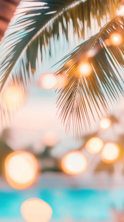Palm tree leaves with bokeh lights, perfect for tropical holiday background, AI Generatedの素材