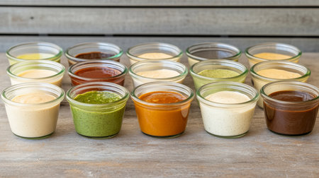 Variety of glass jars with assorted sauces on wooden table background, AI generatedの素材