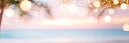 Palm tree leaves with bokeh lights, perfect for tropical holiday background, AI Generatedの素材