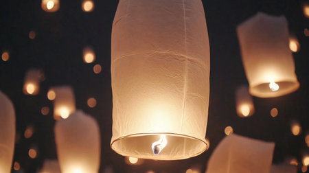 Yi Peng lanterns floating in night sky during Loi Krathong festival in Chiang Mai, background, AI Generatedの素材