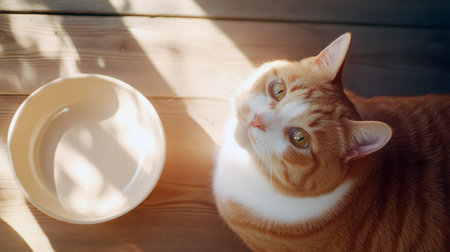 Cat looking at empty bowl on cozy bed, representing hunger concept, AI generatedの素材