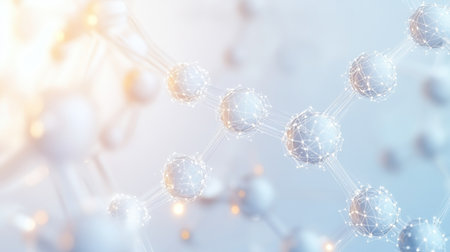 Molecular structure with interconnected spheres, scientific concept, soft blue white hues, AI generatedの素材