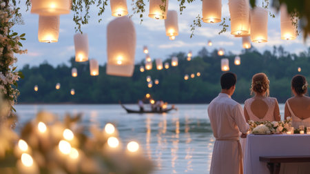Yi Peng festival showing river lanterns and people at twilight, background, AI generatedの素材