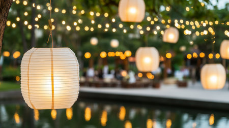 Floating lanterns on water during Asian festival night, serene atmosphere, AI generatedの素材