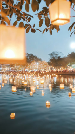 Asian festival Yi Peng lanterns floating on water at night, background, AI Generatedの素材