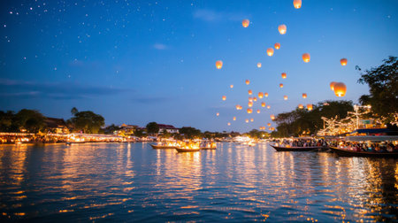 Yi Peng lantern festival during evening celebration, featuring numerous illuminated lanterns, AI Generatedの素材