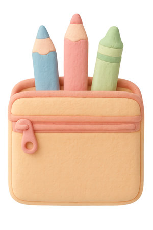 School supplies pencil case with crayons on transparent background, AI generatedの素材