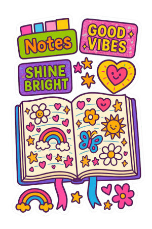 Back to school maximalist design with colorful notebook and stickers, AI generatedの素材