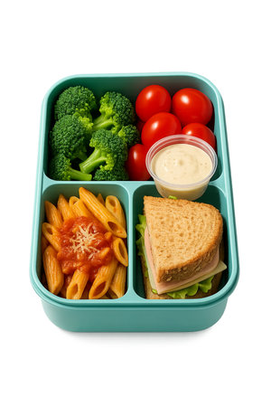 Lunchbox with broccoli, tomatoes, pasta, sandwich, and dip, isolated, AI generatedの素材