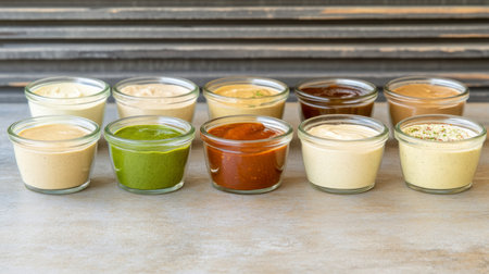 Variety of glass jars with assorted sauces on wooden table background, AI generatedの素材