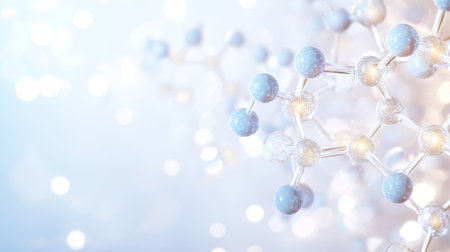 Molecular structure with interconnected spheres, scientific concept, soft blue white hues, AI generatedの素材