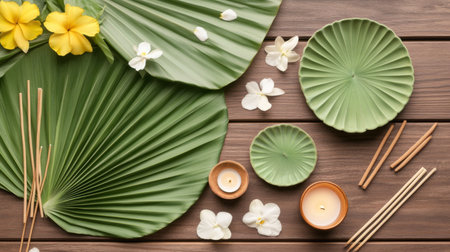 Loy Krathong flat lay with flowers and candle on wooden background, AI generatedの素材