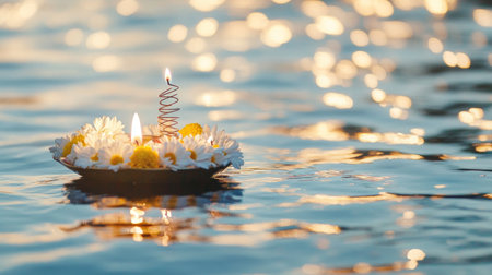 Loy Krathong festival with floating flowers and incident on water, background, AI generatedの素材
