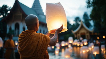 Monks walk in temple with floating lanterns during Yi Peng festival, evening ambiance, AI generatedの素材