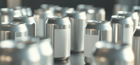 Close-up of multiple silver beer cans with blank surface as mockup, condensation, metallic texture, background, AI generatedの素材