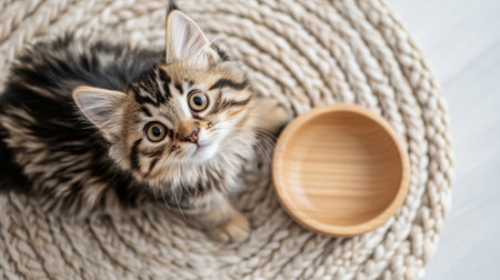Cat looking at empty bowl on cozy bed, representing hunger concept, AI generatedの素材